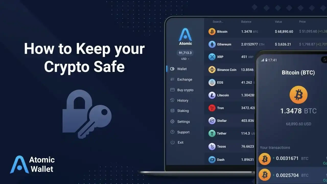 Screenshot of the Atomic Wallet main page showing on both a computer and mobile apps. On the left is an image of a lock and key, and the message 'How to Keep your Crypto Safe.'