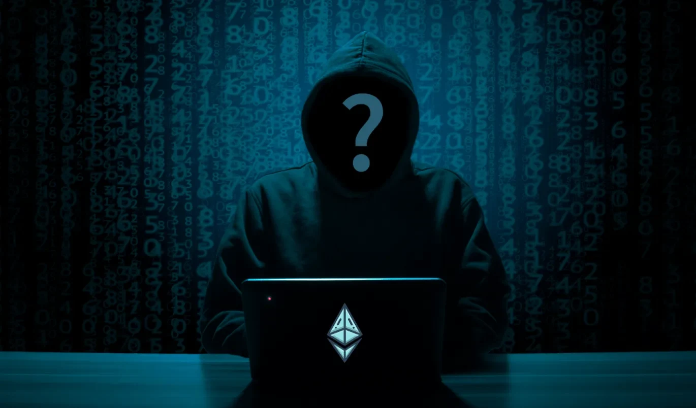 Image of a faceless hacker in front of a laptop with an Ethereum symbol on the front. 