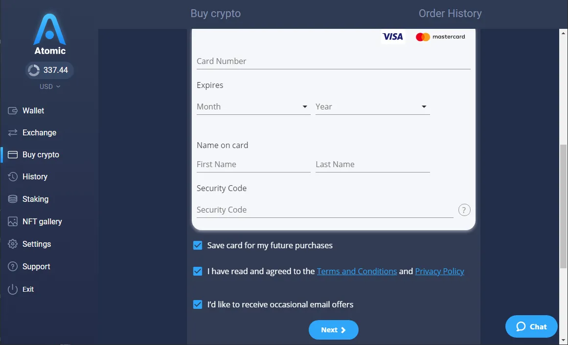 Buy Bitcoin payment information screen in Atomic Wallet