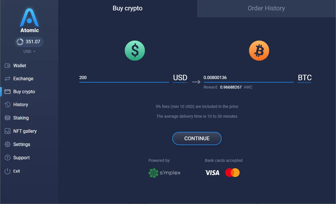 Buy Bitcoin tab in Atomic Wallet 