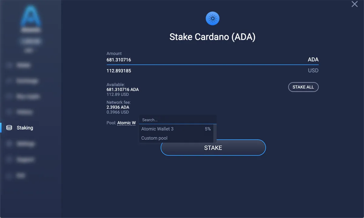 ADA staking interface in Atomic Wallet, the desktop version