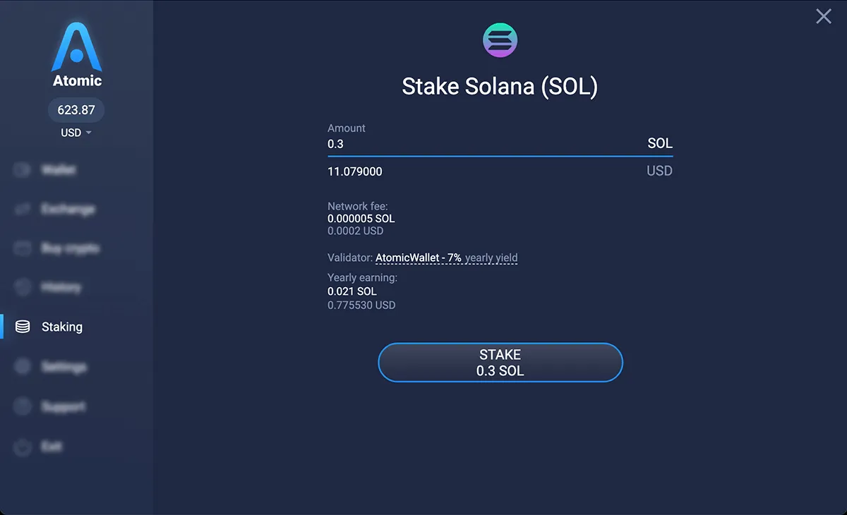 SOL staking interface in Atomic Wallet, the desktop version